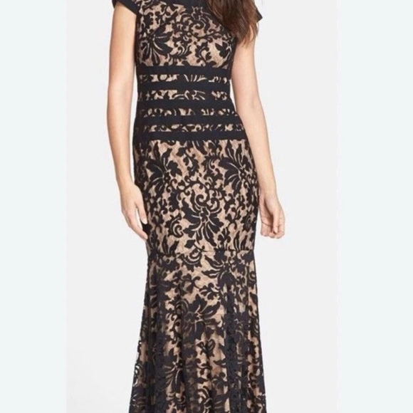 Tadashi Shoji Dresses & Skirts - Tadashi Shoji Banded Lace  Black and Tan Maxi Gown with Flutter Cap Slee…